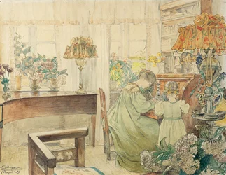 Marie und Vibeke Krøyer am Schreibtisch im Haus bei Skagen Plantage